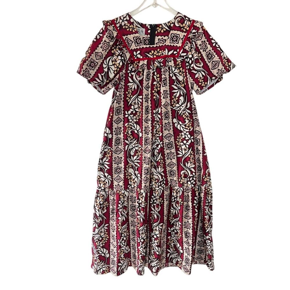 RM Women's Hawaiian Midi Dress S Floral Print Puff Sleeve Ruffle Tropical